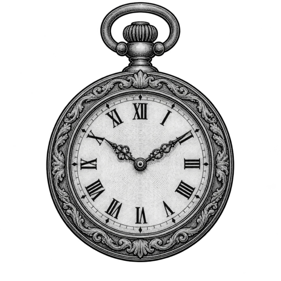 Engraved pocket watch face tattoo design sized as a round elbow cap
