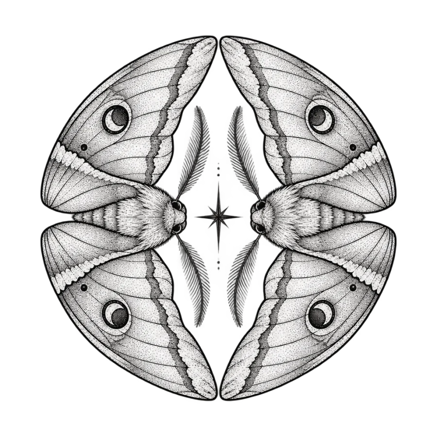 Fine line mirrored moth medallion tattoo design for the elbow cap
