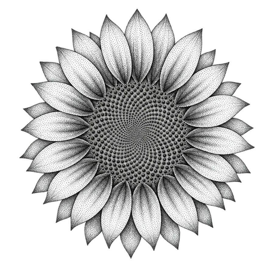 Dotwork stippled tattoo design of a sunflower head shaped as an elbow circle