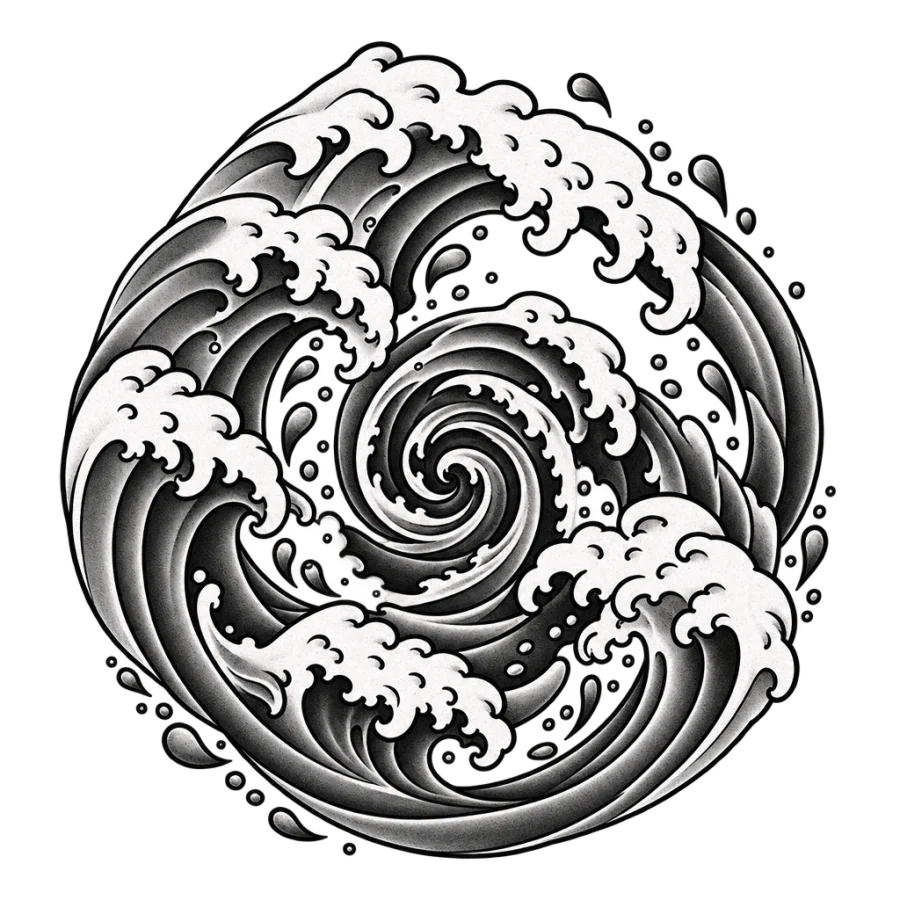 Japanese irezumi tattoo design of a circular wave whirlpool for the elbow