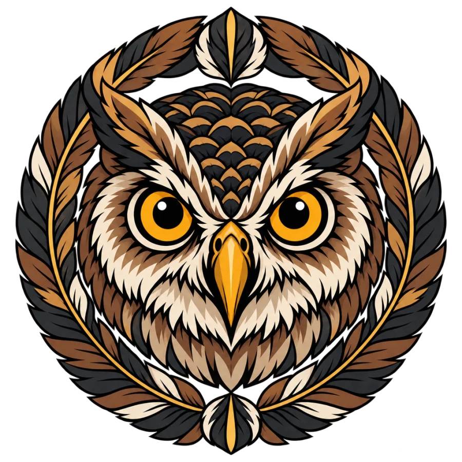 Neo traditional tattoo design of an owl face inside a circular feather frame