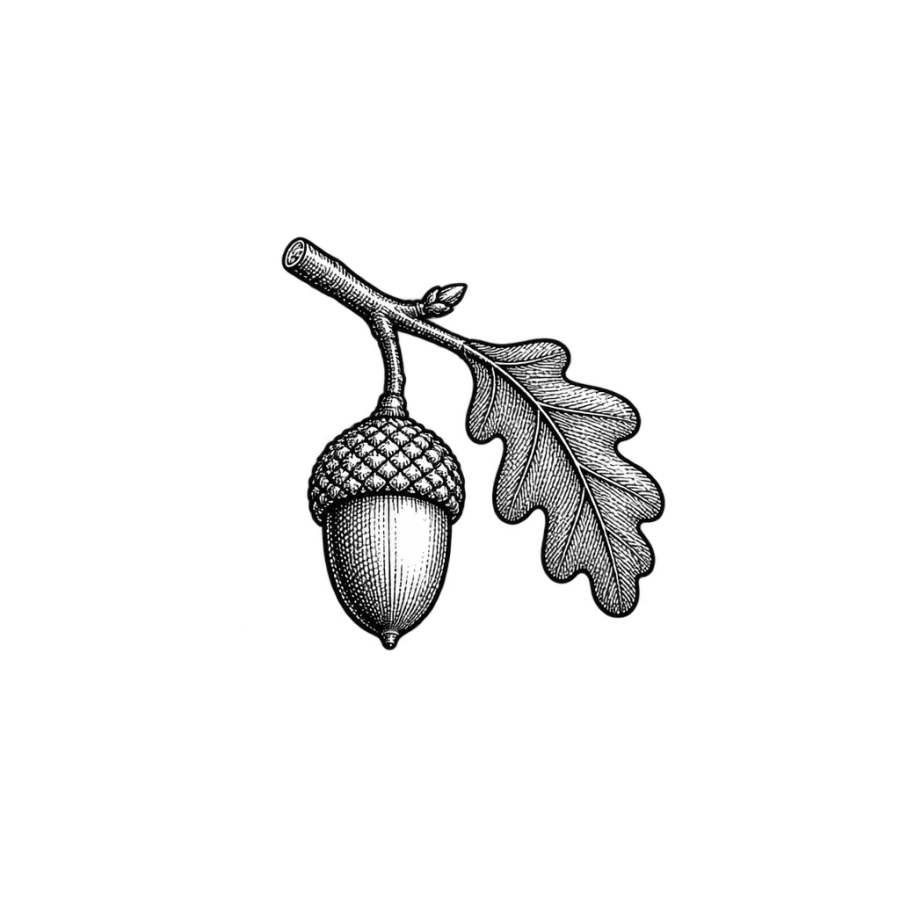 Engraved acorn and oak leaf tattoo drawn small for a finger