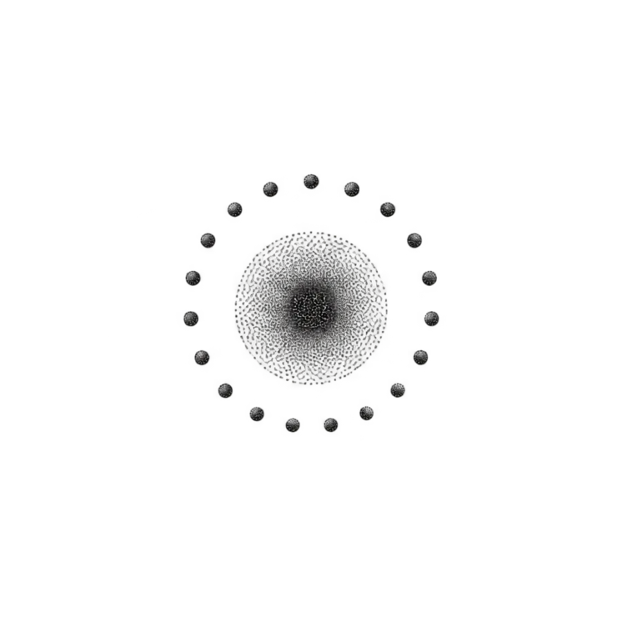 Dotwork tattoo design of a tiny stippled sun ringed with dots for a finger