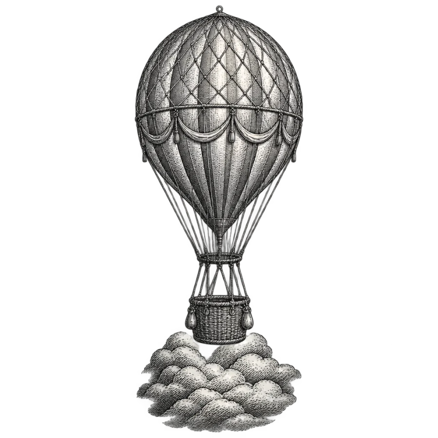 Engraved woodcut forearm tattoo design of a hot air balloon above clouds
