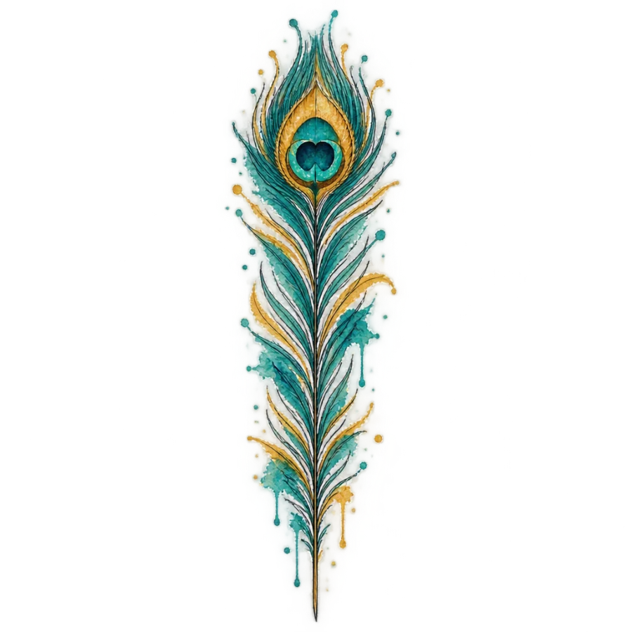 Watercolor forearm tattoo design of an upright peacock feather in teal and gold