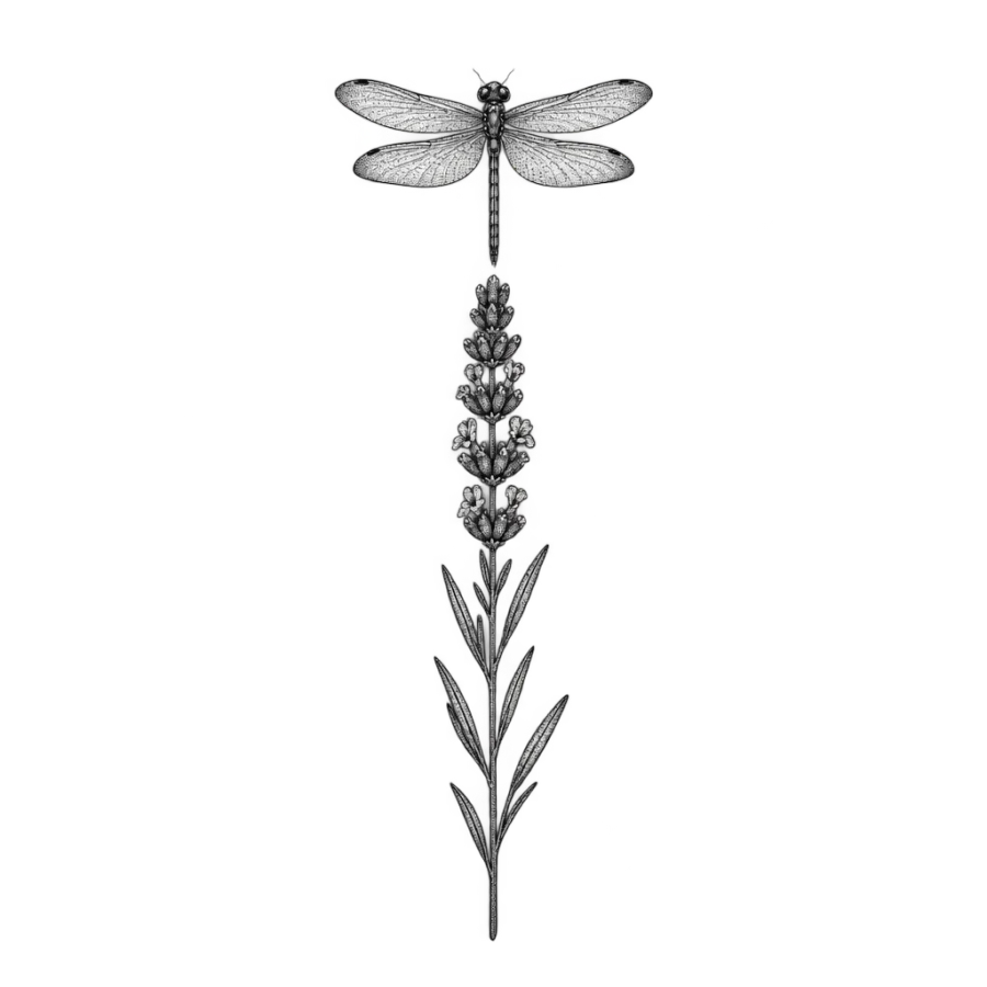 Fine line tattoo design of a dragonfly above a tall lavender stem