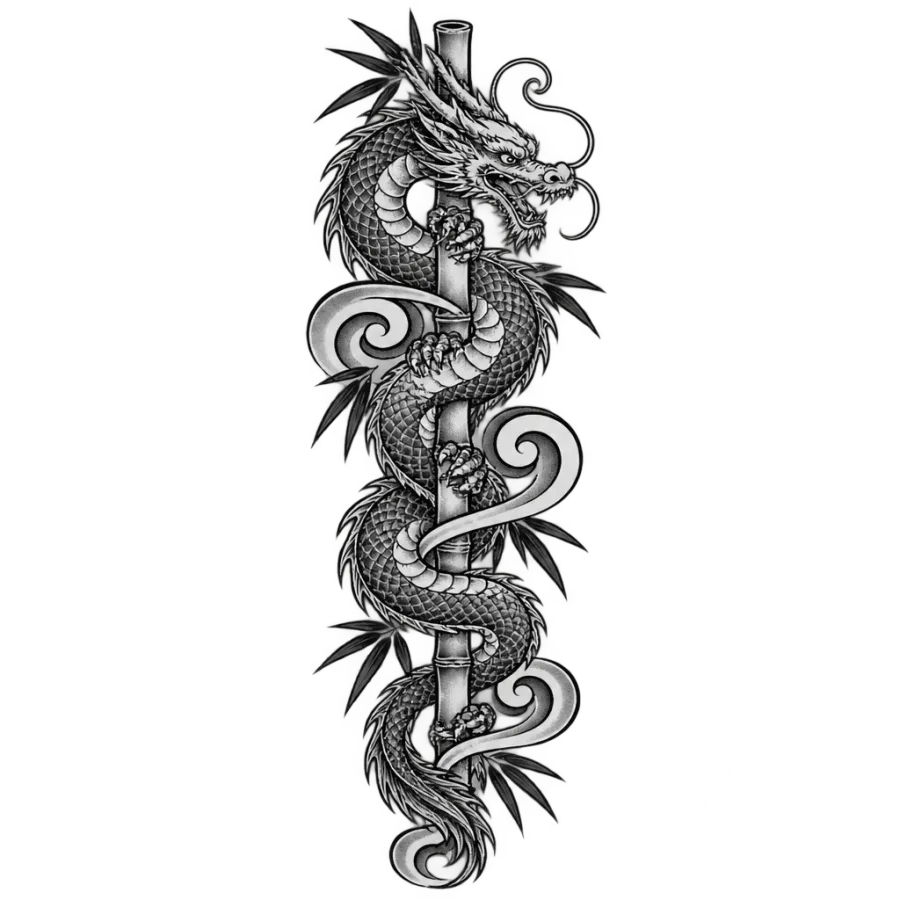 Japanese irezumi tattoo design of a dragon coiling around a bamboo stalk