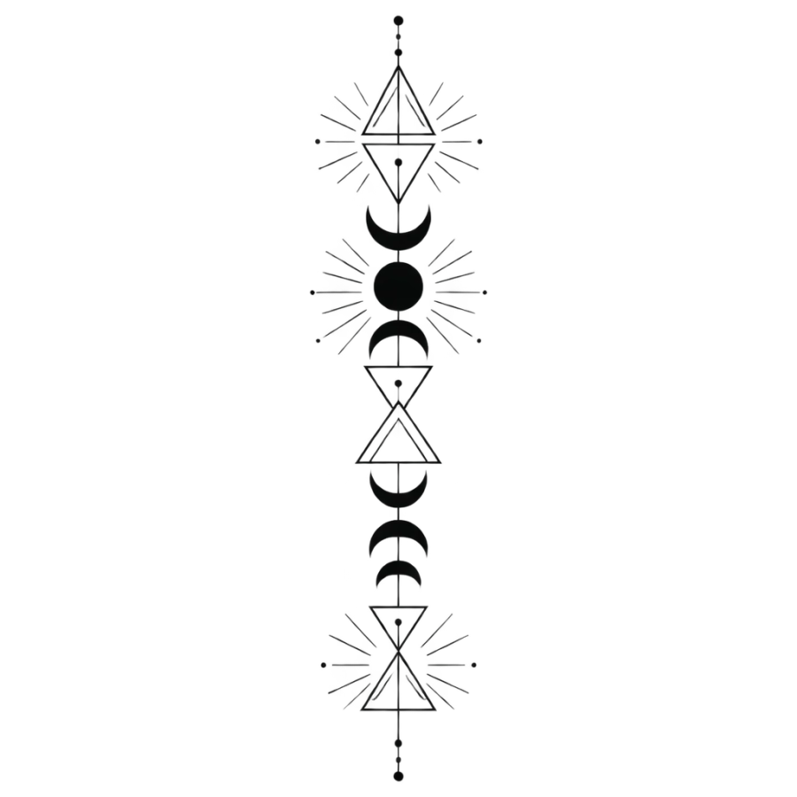 Geometric linework tattoo design of stacked triangles, moon phases and rays
