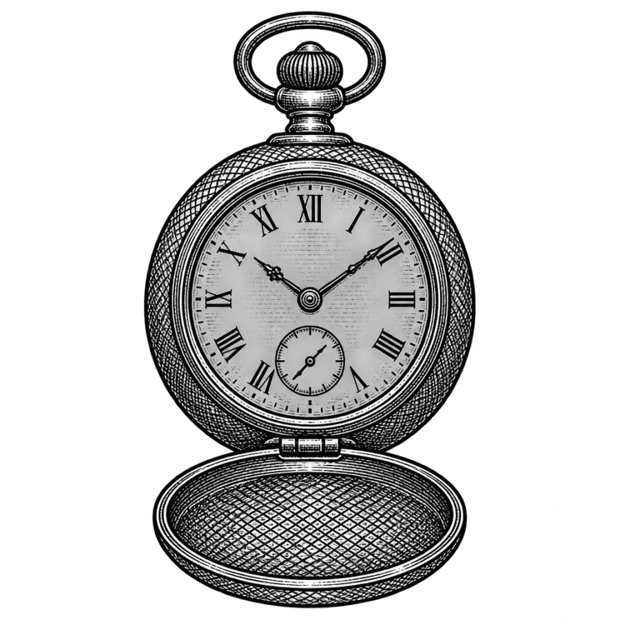 Engraved woodcut hand tattoo design of an open antique pocket watch with crosshatched case
