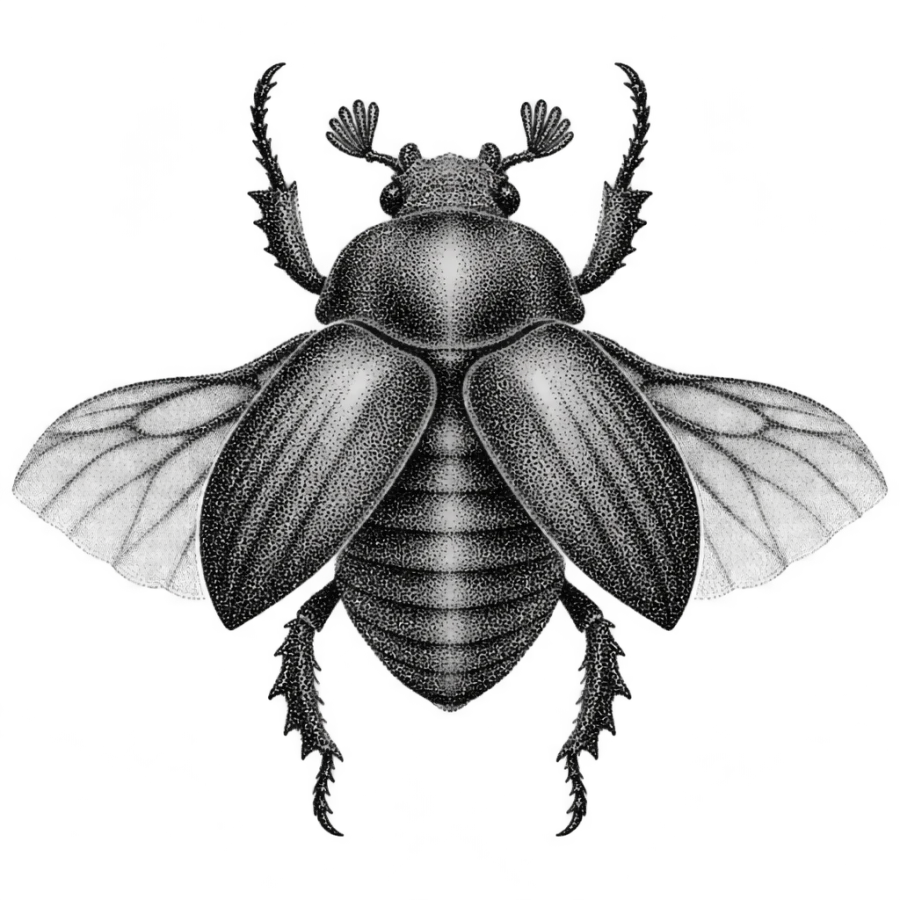 Dotwork stippled hand tattoo design of a scarab beetle with spread wing cases