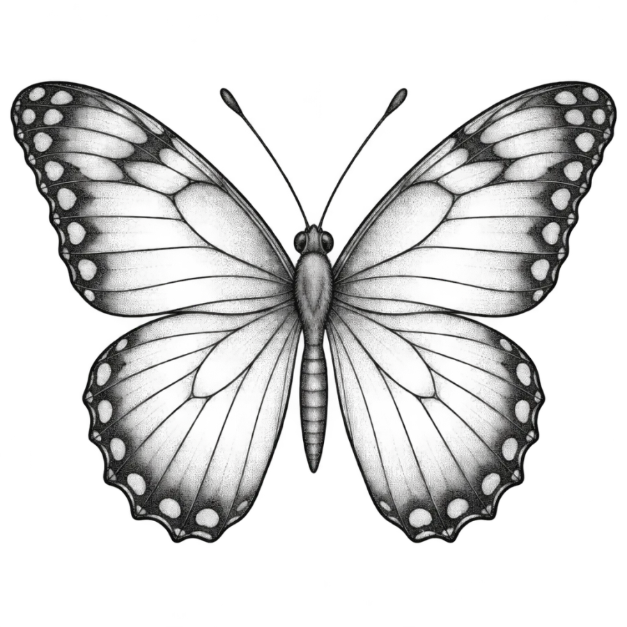 Fine line tattoo design of a butterfly spanning the back of the hand