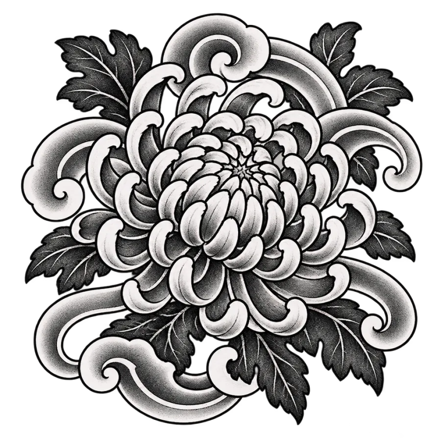 Japanese irezumi tattoo design of a chrysanthemum and wind bars shaped for the hand