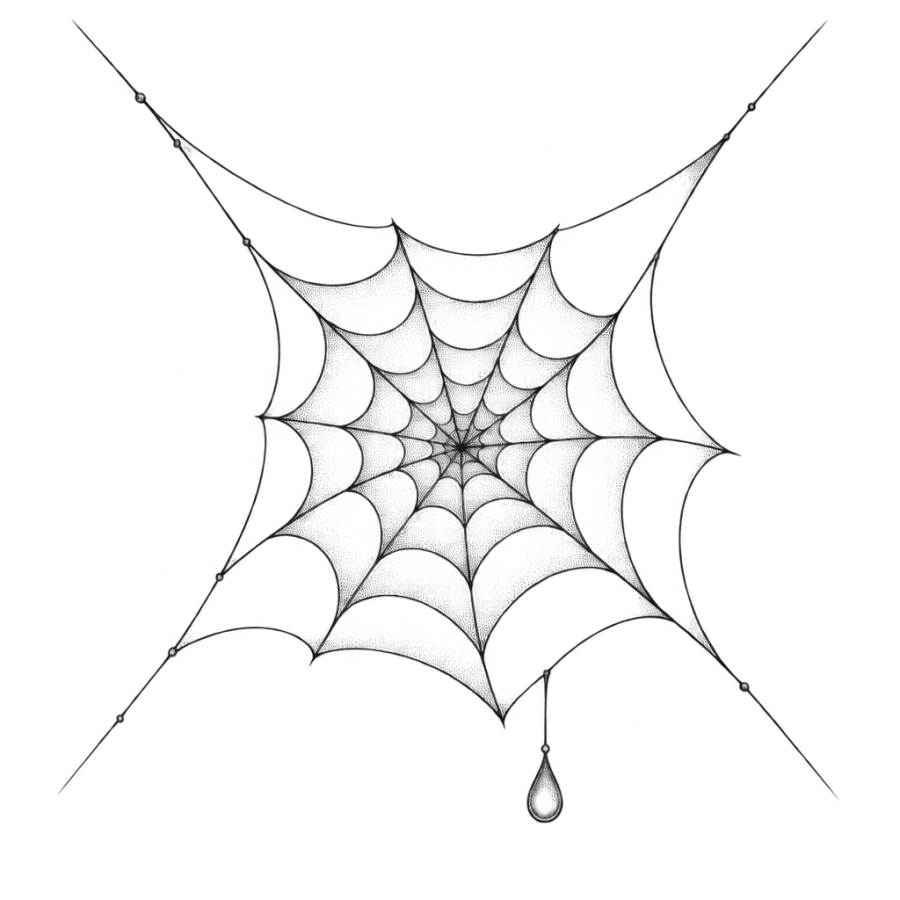 Fine line tattoo design of a spiderweb with a dewdrop for the hand