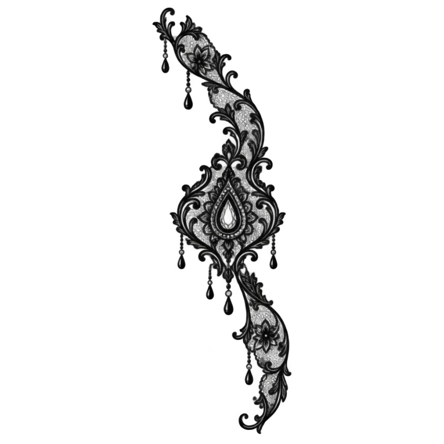 Ornamental filigree hip tattoo design with a teardrop medallion and pearls