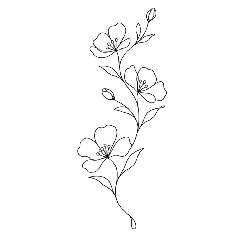 Single line hip tattoo design of a long sweeping flowering branch
