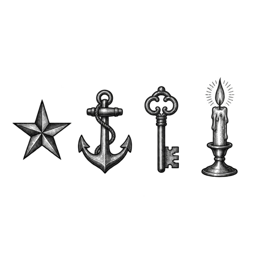 Row of four engraved knuckle tattoo designs with woodcut hatching