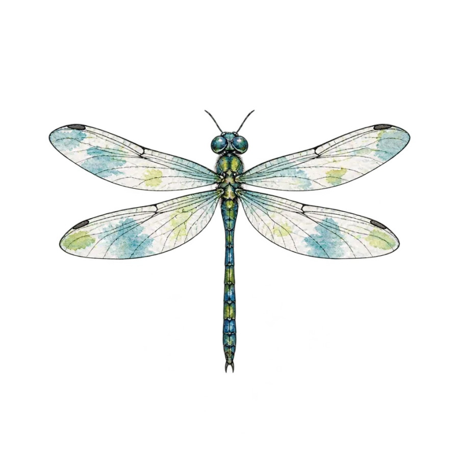 Watercolor tattoo design of a small dragonfly with long wings for the neck