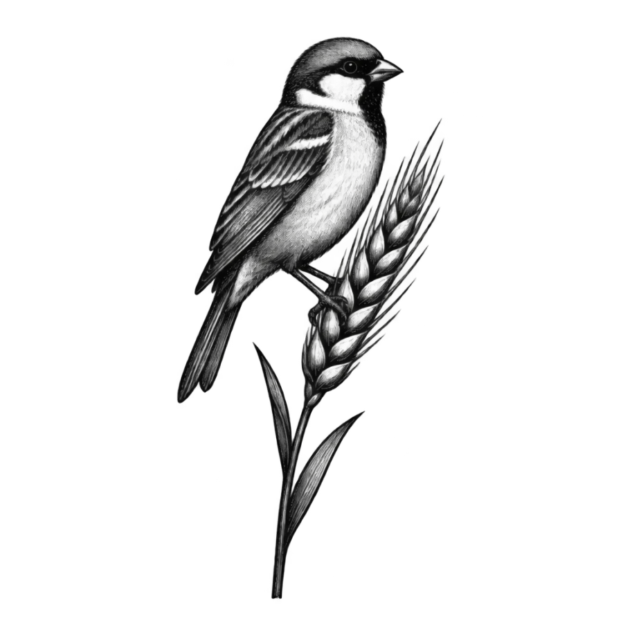 Engraved sparrow and wheat stalk tattoo design for the side of the neck