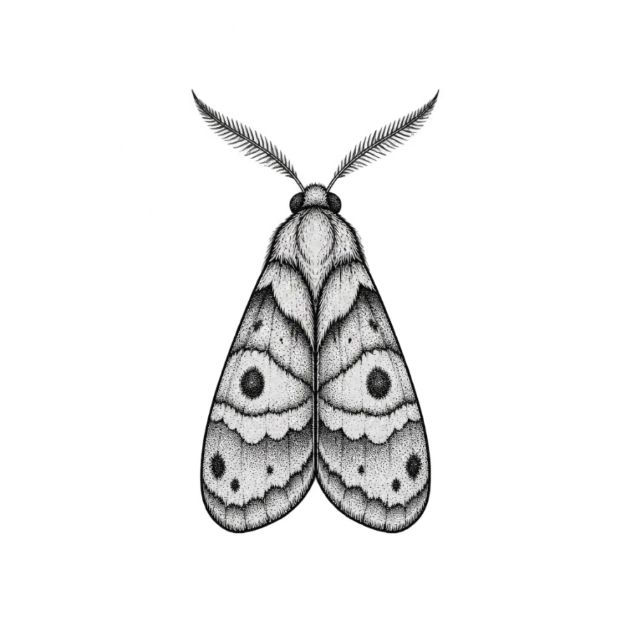 Fine line tattoo design of a small moth sized for the back of the neck