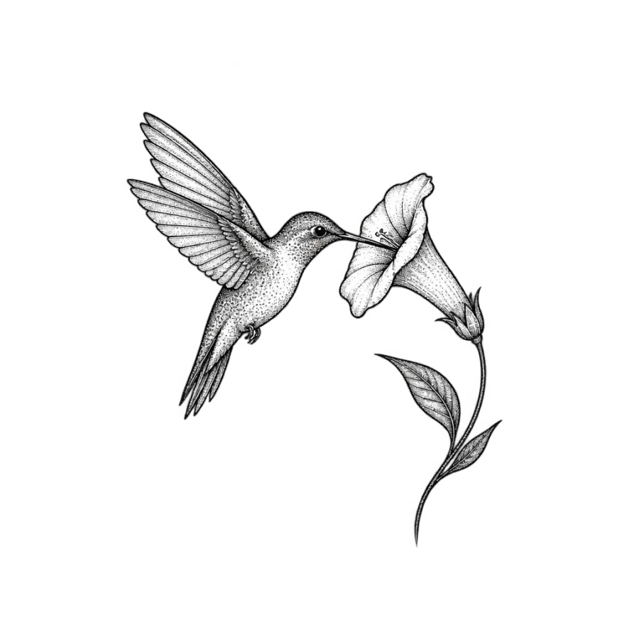 Fine line tattoo design of a hummingbird at a trumpet flower, nape sized
