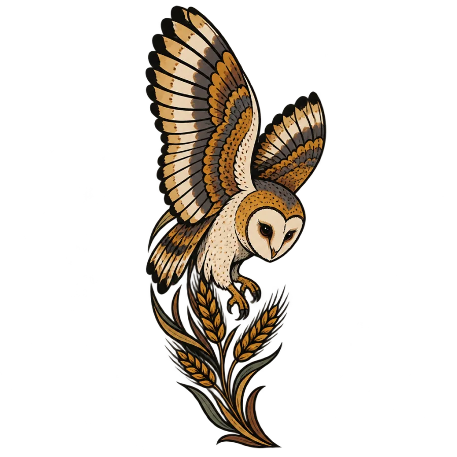 Neo traditional tattoo design of a barn owl descending over wheat stalks
