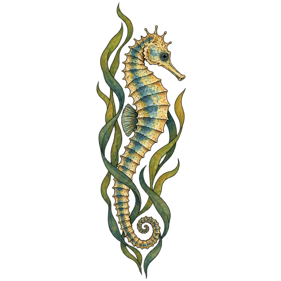 Watercolor tattoo design of a seahorse among drifting seaweed strands