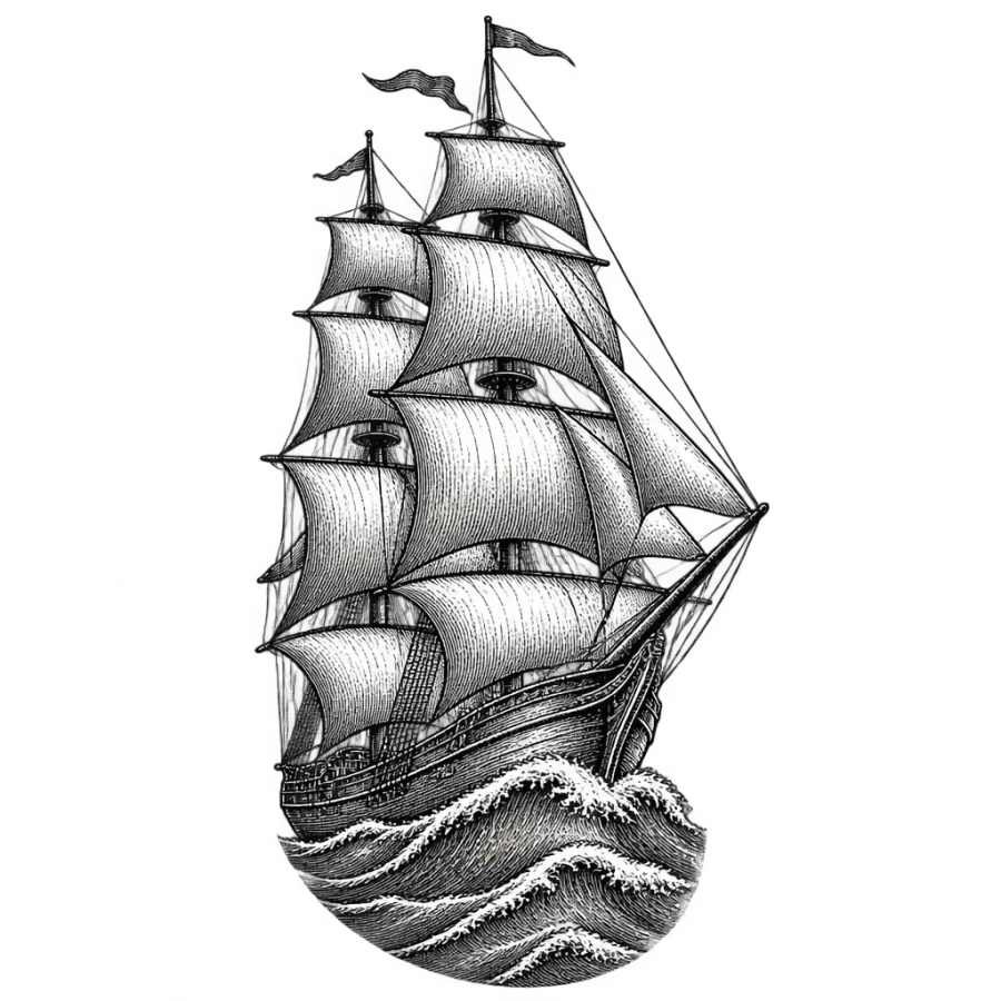 Engraved sailing ship tattoo design as a tall curving panel for the ribs