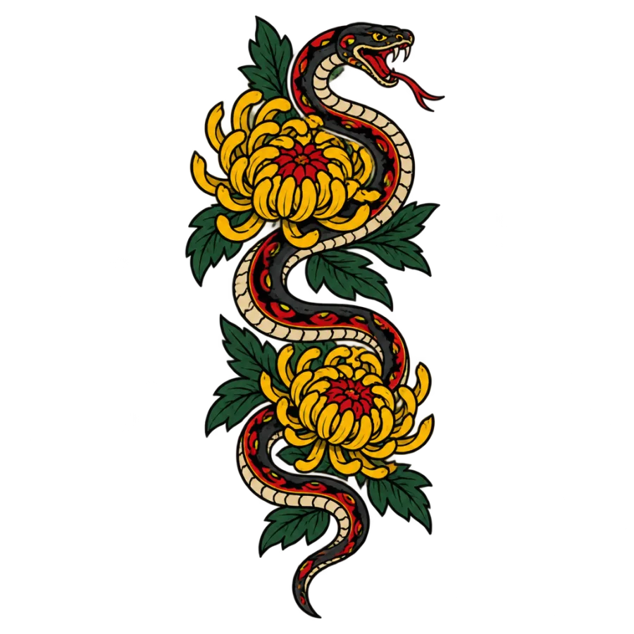American traditional tattoo of a snake and chrysanthemums curving down the ribs