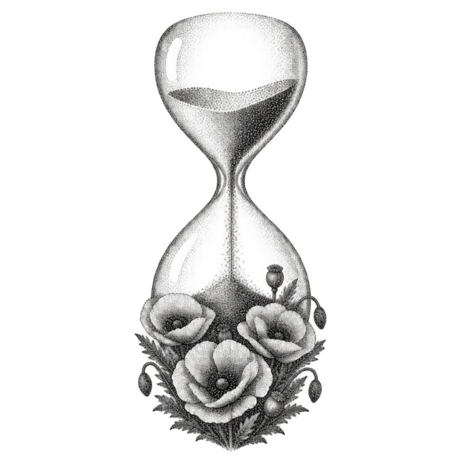 Dotwork stippling tattoo design of an hourglass pouring sand into poppies