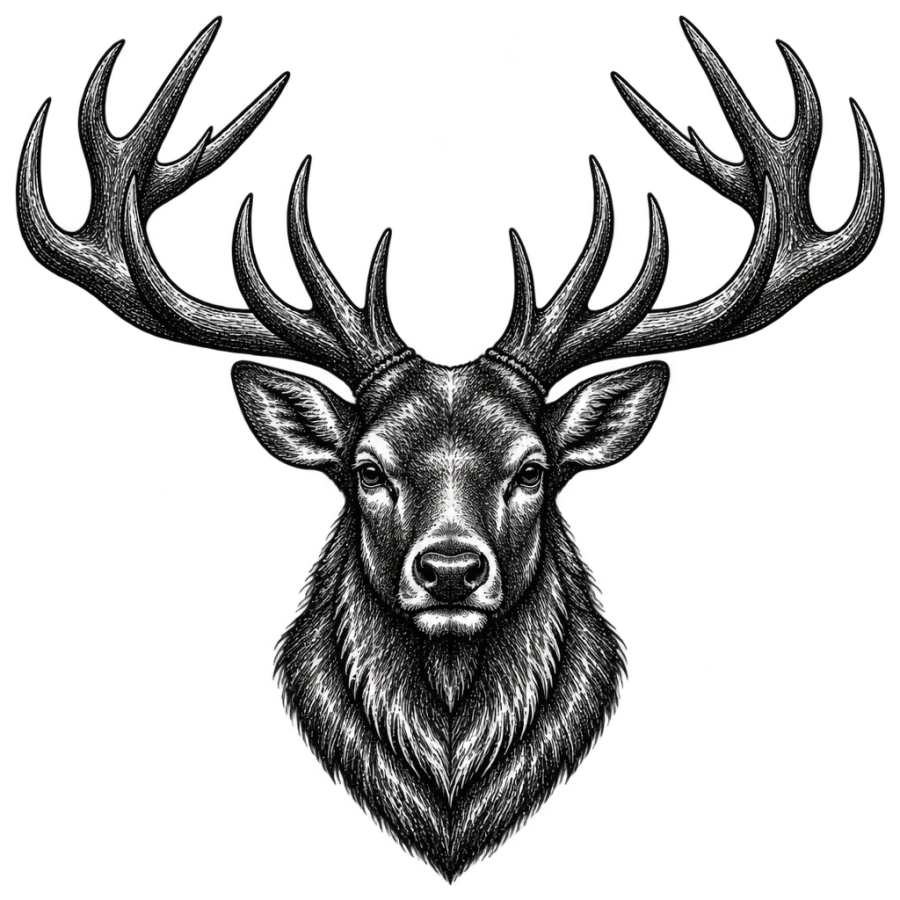 Woodcut stag head tattoo fanned as a cap across the shoulder