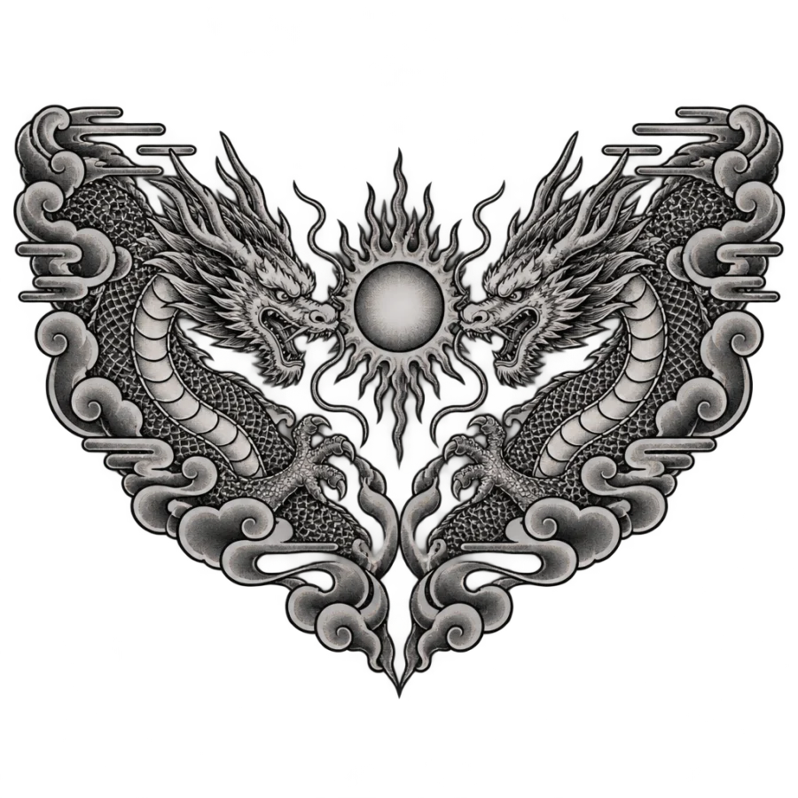 Symmetrical mirrored dragons and sun tattoo fanned across the shoulder