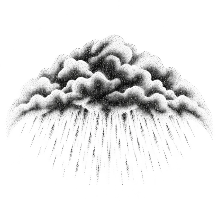 Dotwork storm cloud and rain tattoo shaped as a shoulder half dome