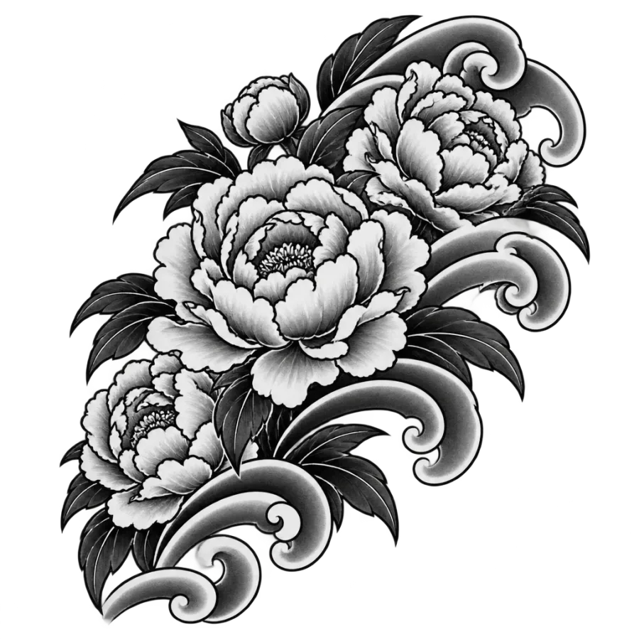 Japanese irezumi tattoo design of peony blossoms fanning across the shoulder