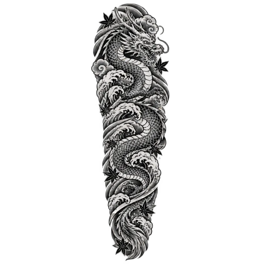 Japanese irezumi tattoo design of a dragon flowing through waves as a full sleeve