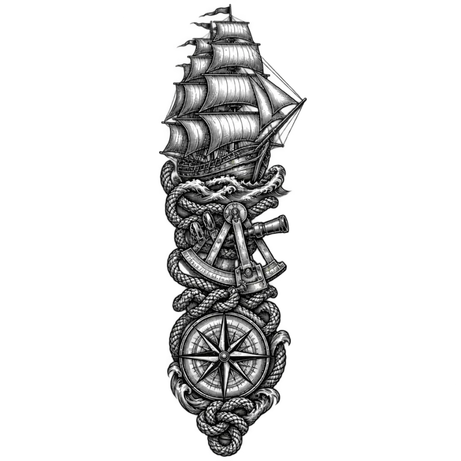 Engraved nautical sleeve tattoo design with a tall ship and sextant
