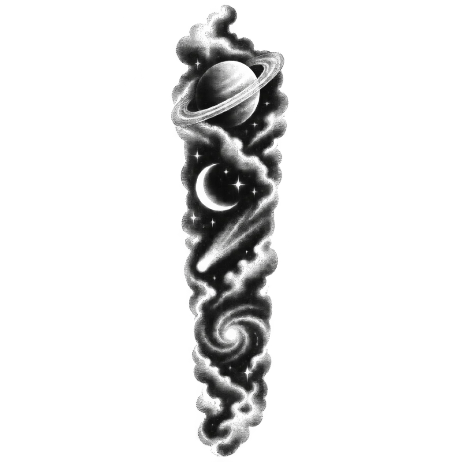 Dotwork cosmic sleeve tattoo design with a ringed planet and comet