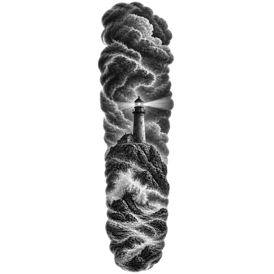 Black and grey realism sleeve tattoo design of storm clouds, a lighthouse and surf