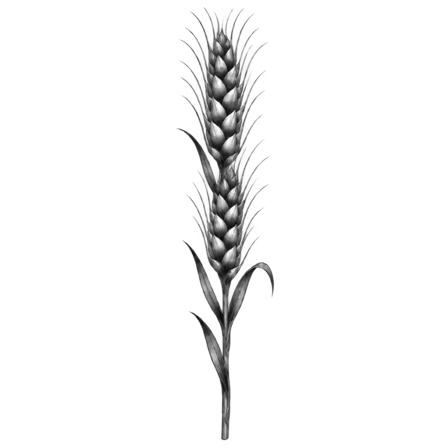 Engraved wheat stalk tattoo design as a long narrow spine column