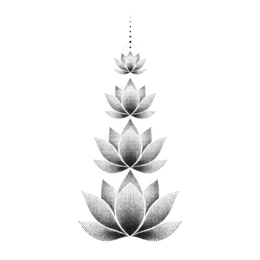 Dotwork stacked lotus column tattoo design running along the spine