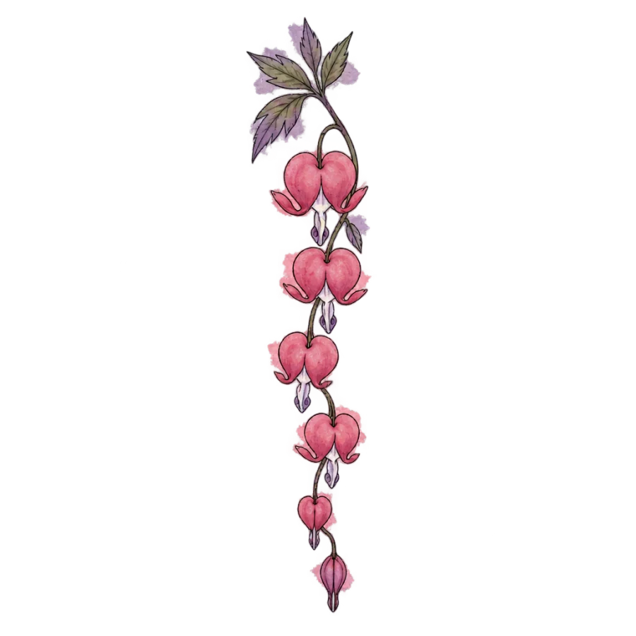 Watercolour bleeding heart stem tattoo design as a vertical spine column