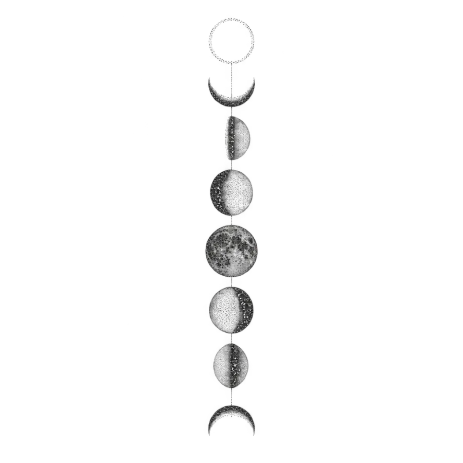 Dotwork tattoo of eight stacked moon phases running down the spine