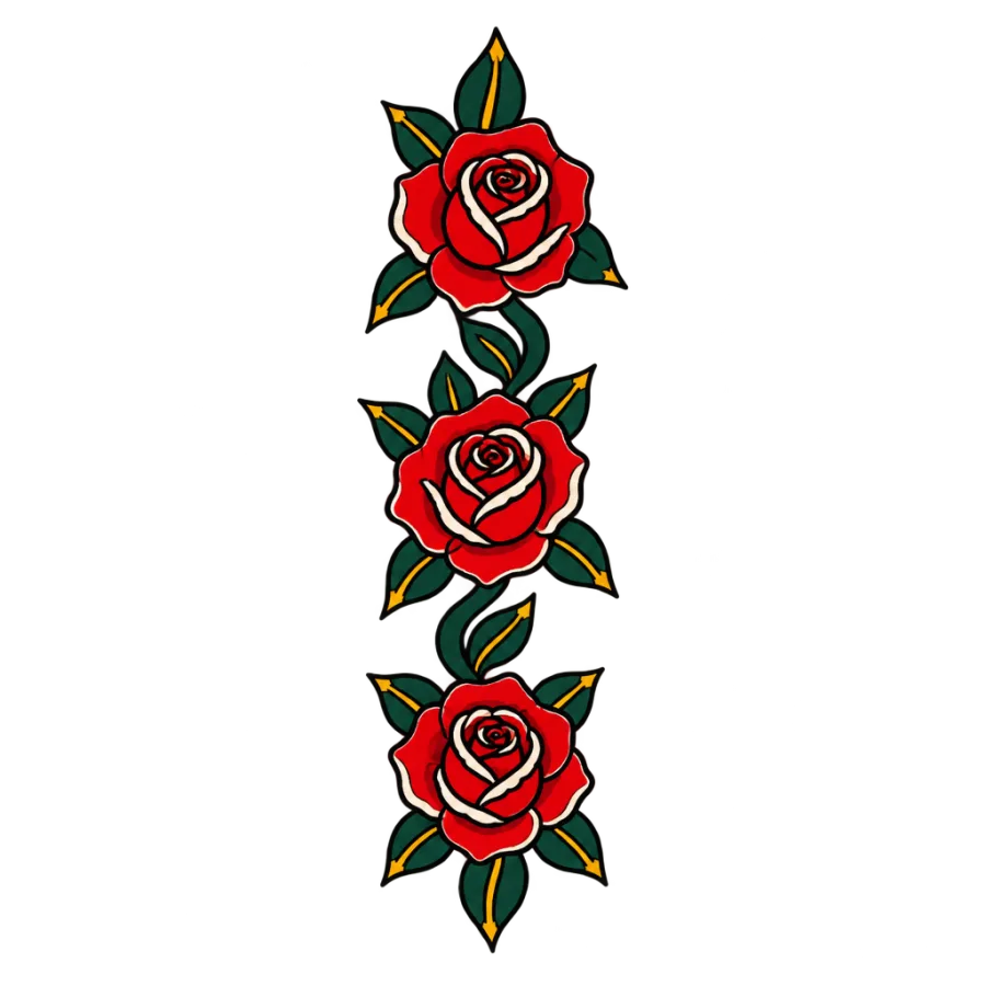 American traditional tattoo of three stacked roses in a spine column