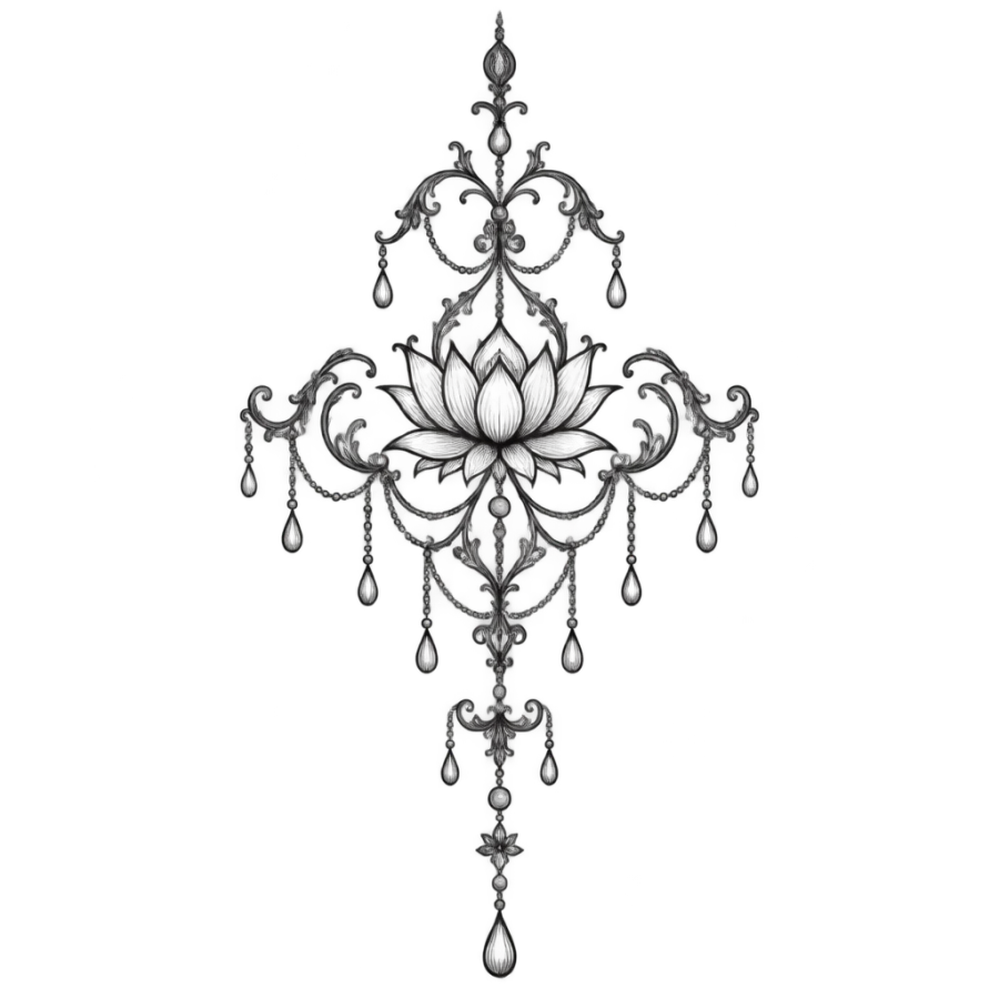Ornamental filigree chandelier tattoo with lotus and pearls for the sternum