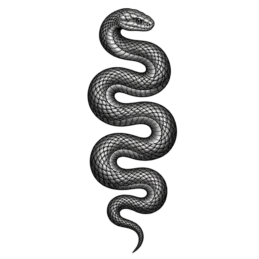 Engraved woodcut tattoo design of a snake coiling down the stomach midline
