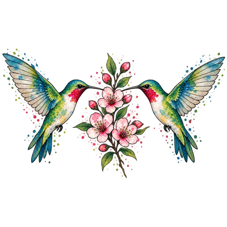 Watercolor tattoo design of two mirrored hummingbirds beside a blossom sprig