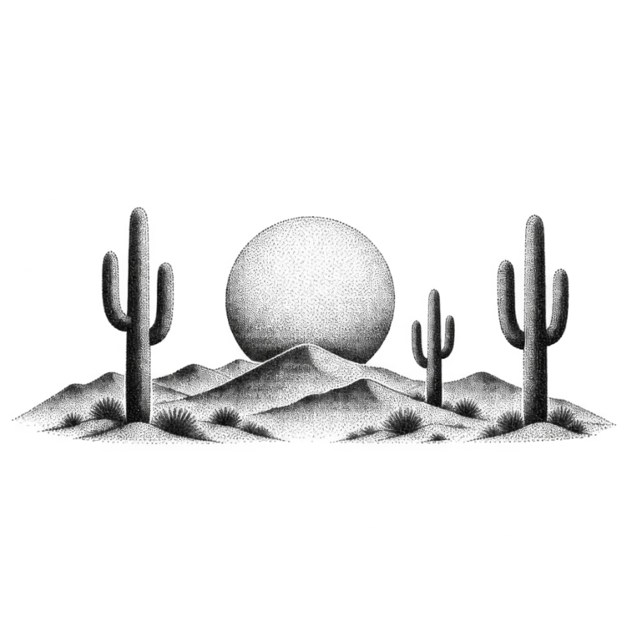 Dotwork stomach tattoo design of a desert ridge with sun and saguaro cacti