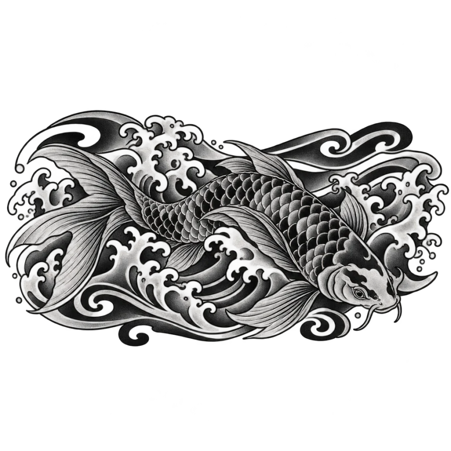 Japanese irezumi tattoo design of a koi fish in a wide stomach band