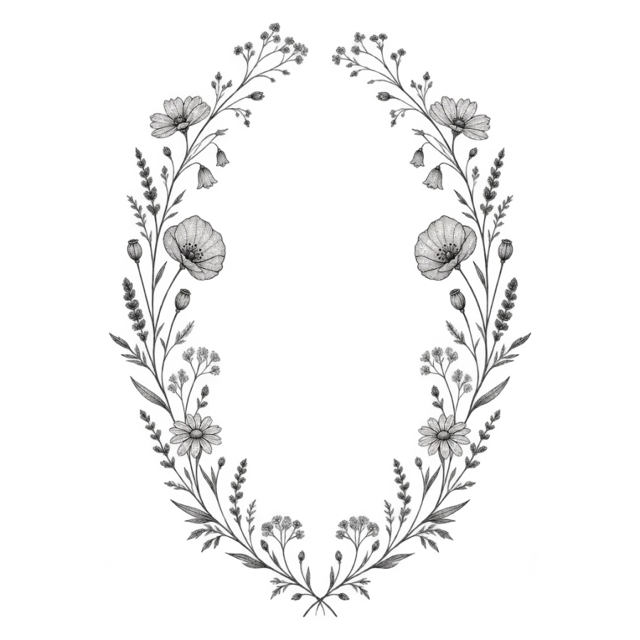 Fine line tattoo design of a wildflower arch framing an open oval space