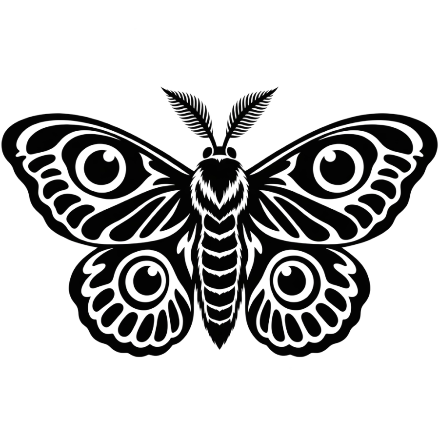 Blackwork tattoo design of a wide symmetrical moth with negative space wings