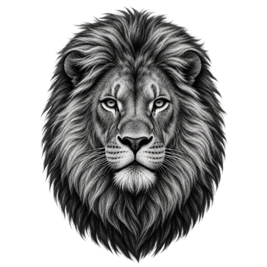 Black and grey realism tattoo design of a lion head with a full mane